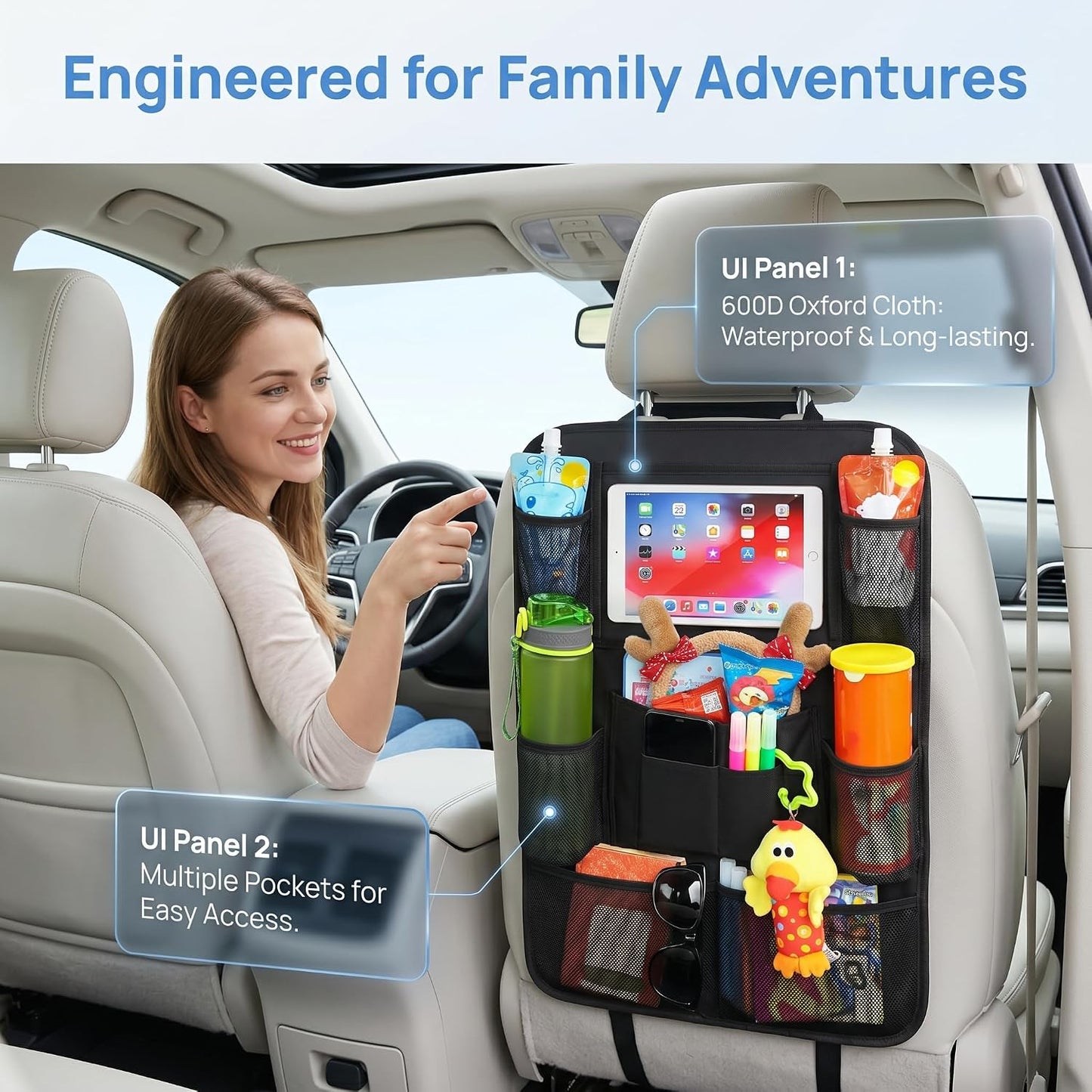 Car Backseat Organizer with 10" Tablet Holder, Seat Back Protectors Kick Mats for Kids Toddlers, Large Storage Pockets Travel Accessories for SUV Minivan Airplan 2 Pack