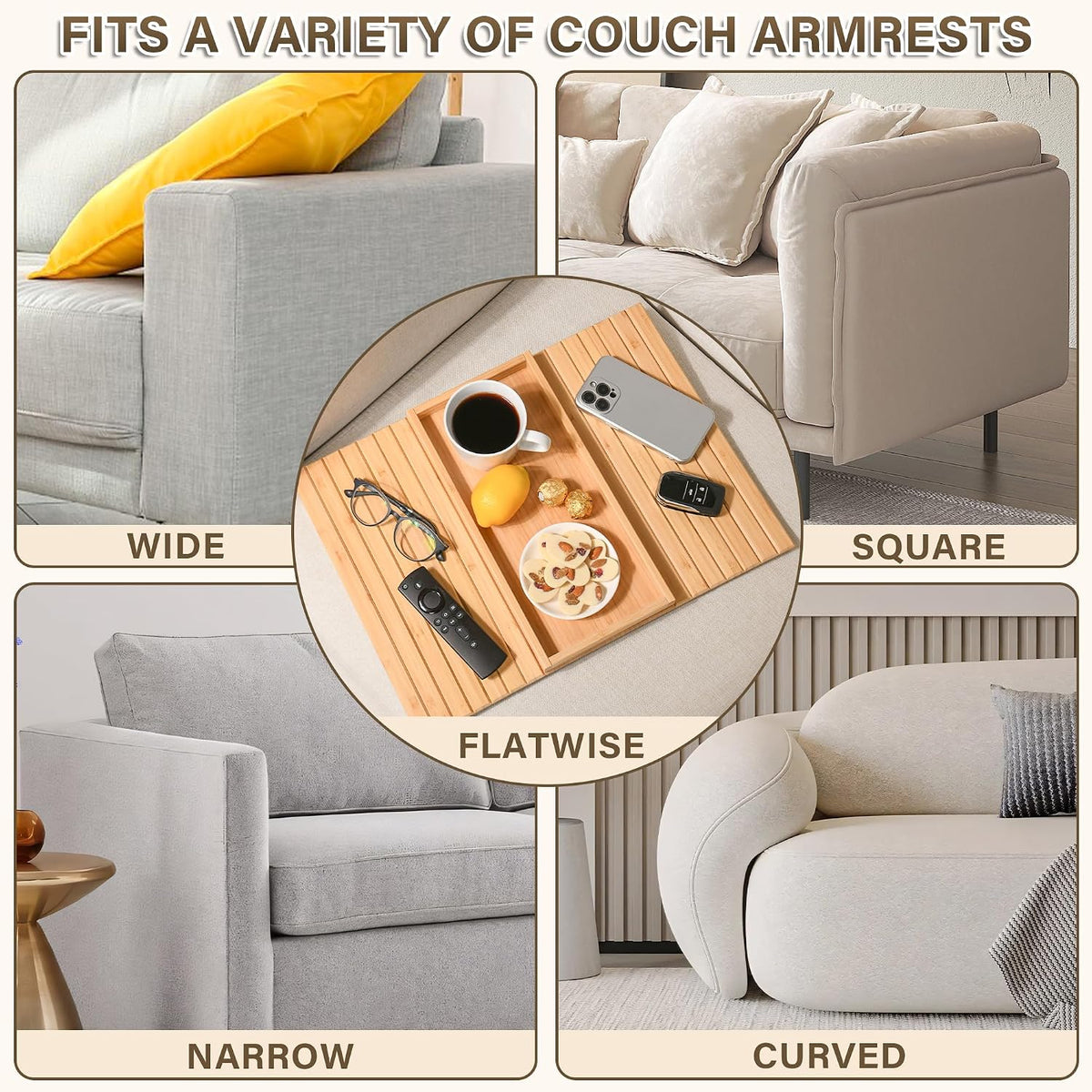 Bamboo Sofa Arm Tray, Anti-Dropping Couch Arm Tray, Foldable Sofa Armrest Tray Couch Arm Table for Eats, Drinks, Snacks, Remote, Cellphone, Cup Holder, Back Anti-Slip Pad Design