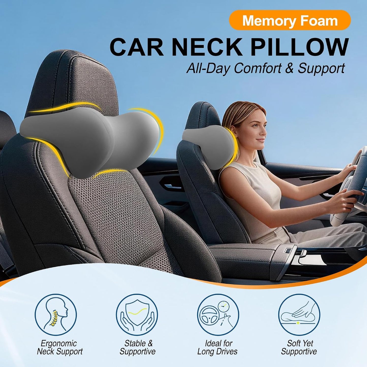 Allaboutsla 2-Pack Car Neck Pillow, Car Headrest Pillow for Neck Support | Memory Foam Car Neck Pillow for Driving with Neck Support, Adjustable Strap, Head Rest Pillow for Long Drives, Trucks, Gray