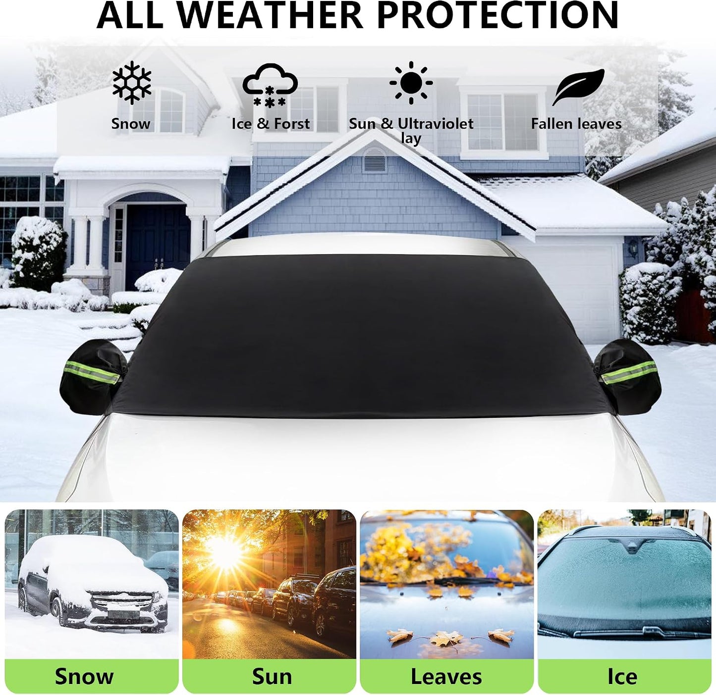 KXQ Car Windshield Cover for Ice and Snow, Enhanced-600D Oxford Fabric Windshield Snow Covers, Windshield Cover for Snow Fits Most Small to Mid-Size Sedans and SUVs (63 x 47.5 Inch)