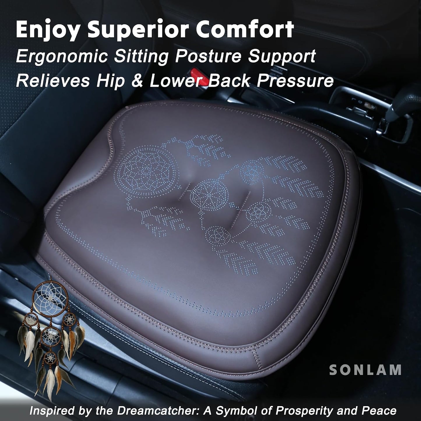 Comfort Dreamcatcher Car Seat Cushion Non-Slip - Relaxing, Optimal Support & Posture for Long Drive (Front Seats (Coffee Brown))