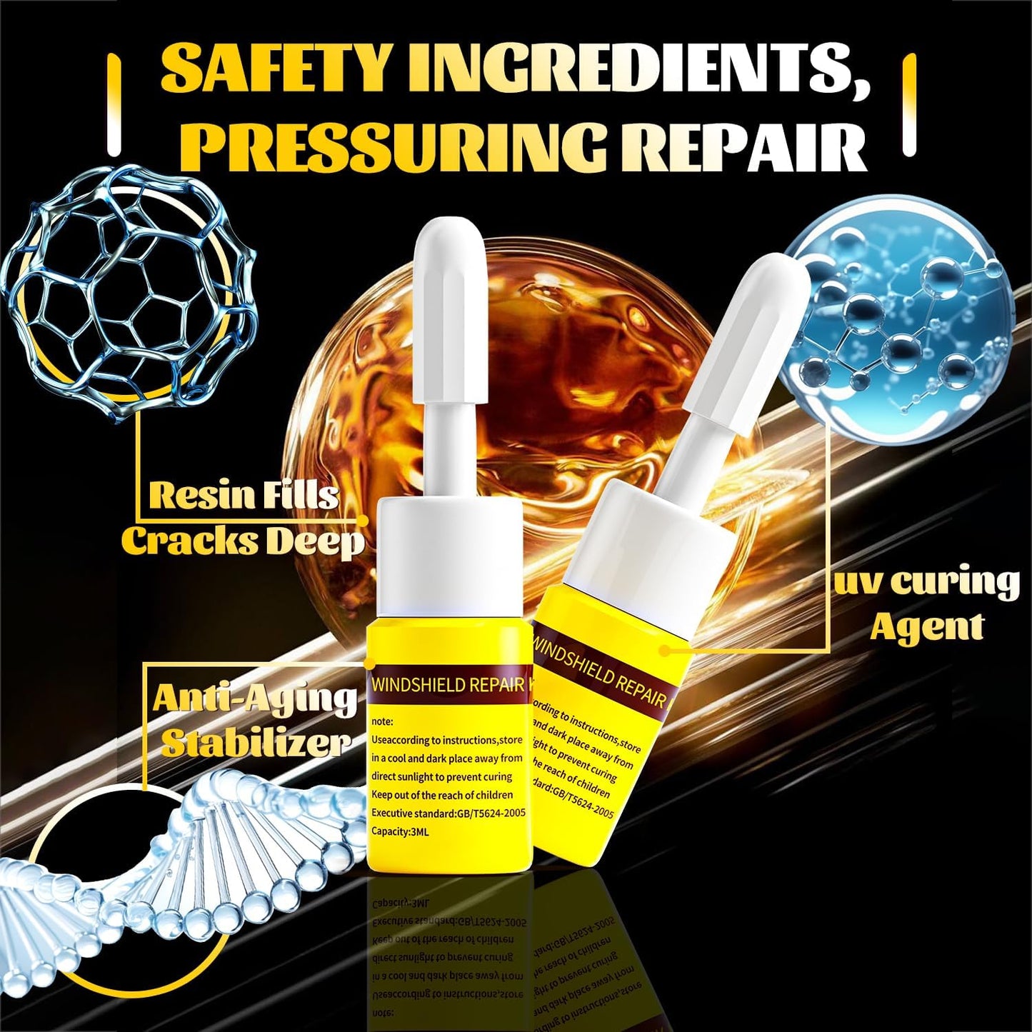 CLAMPER Windshield Crack Repair Kit, Windshield Repair Kit for Chips and Cracks, 4 Pcs Car Glass Repair Kit, Cracks Gone Glass Repair Kit Automotive Quick Fix for Chips, Cracks, Bullseyes (Yellow)