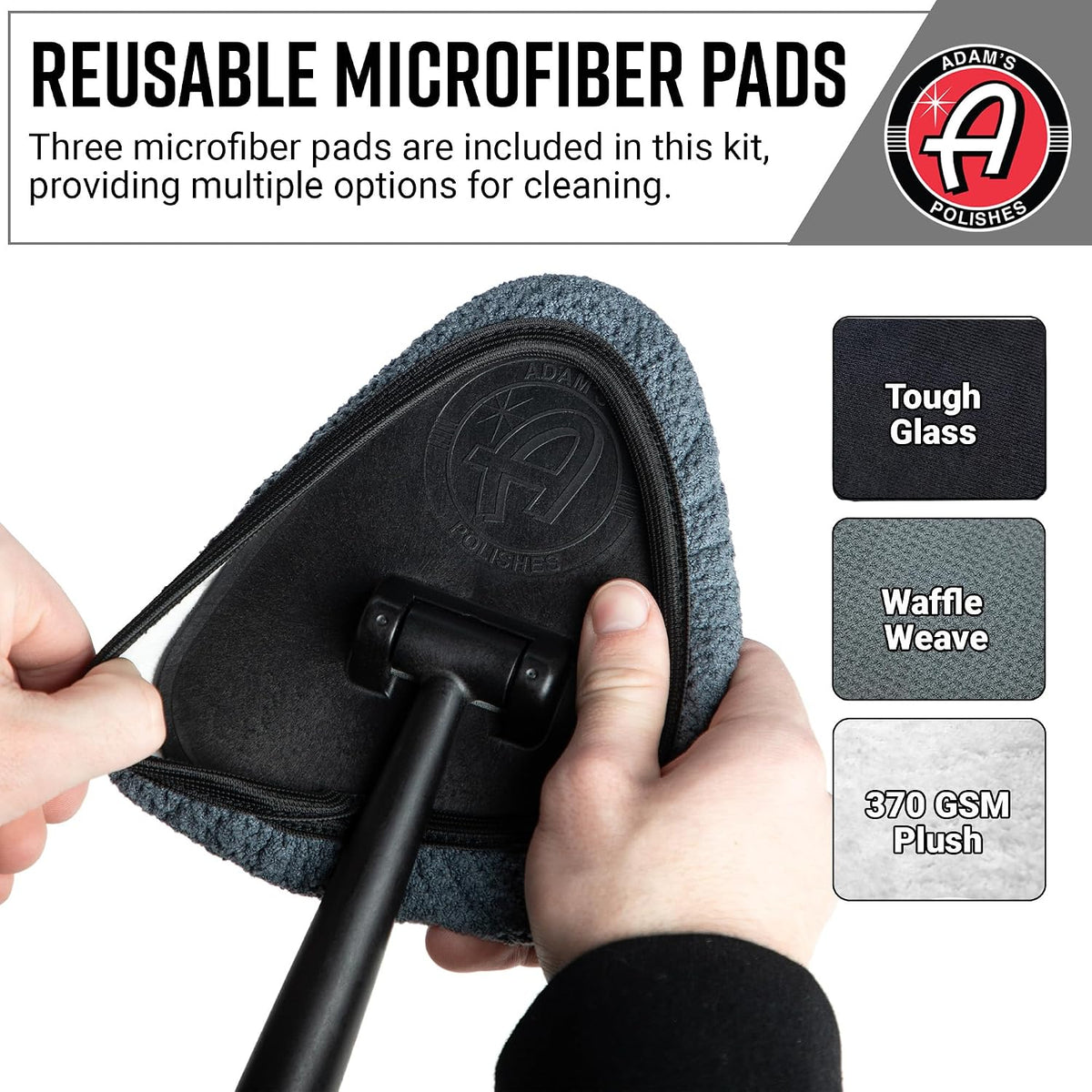 Adam's Polishes Windshield Cleaning Tool - Car Interior Window Glass Wand Accessory with 3 Microfiber Pads & Extendable Handle for Removing Dust, Moisture, Haze, Defrosting, Etc.