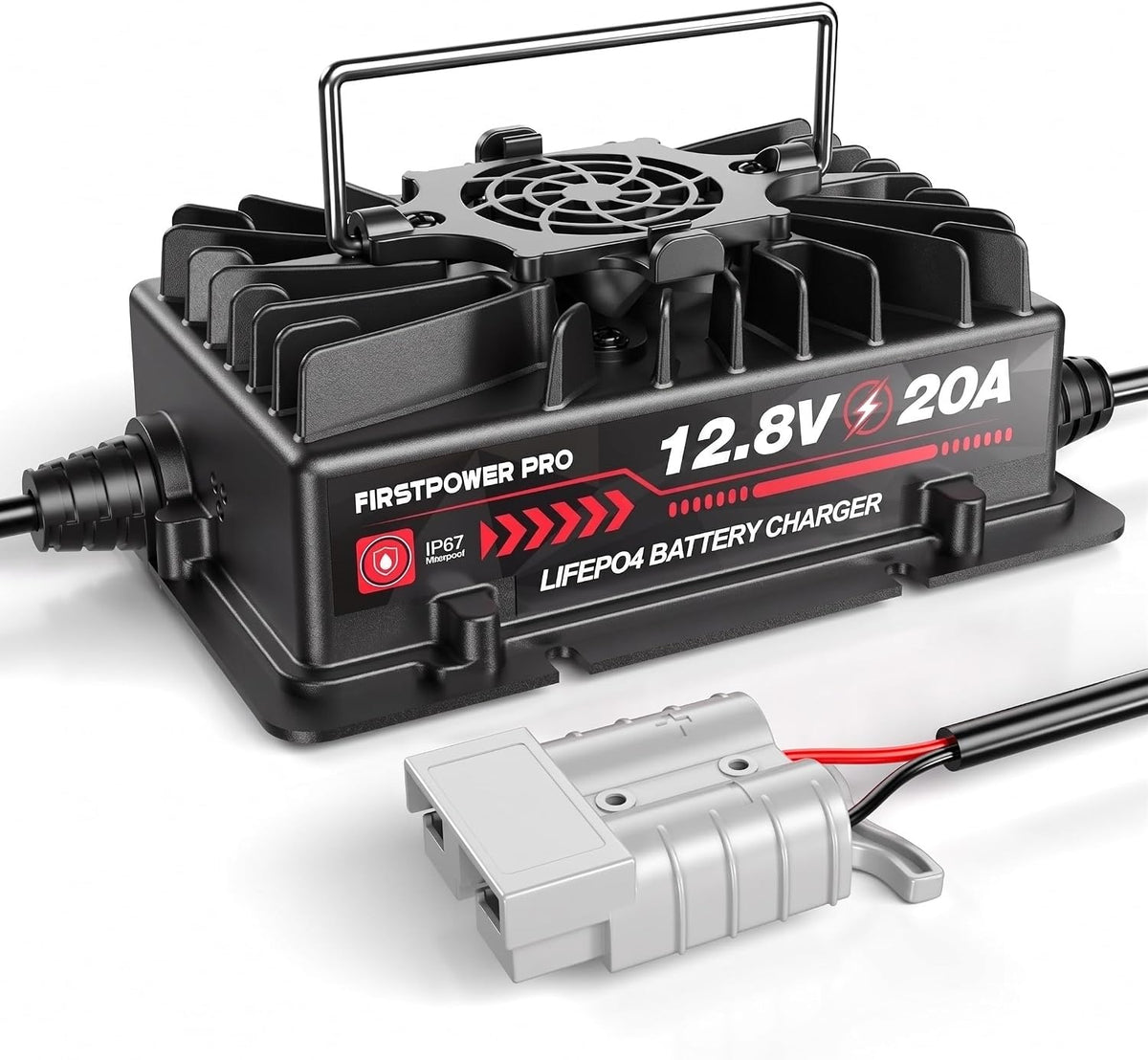 FirstPower Pro 12.8 Volt LiFePO4 Battery Charger, 12V 20A Lithium Battery Charger Maintainer with Anderson Connector LED Indicator, Handle Design For Cars, Golf Carts, UAV, RV and Deep Cycle Batteries