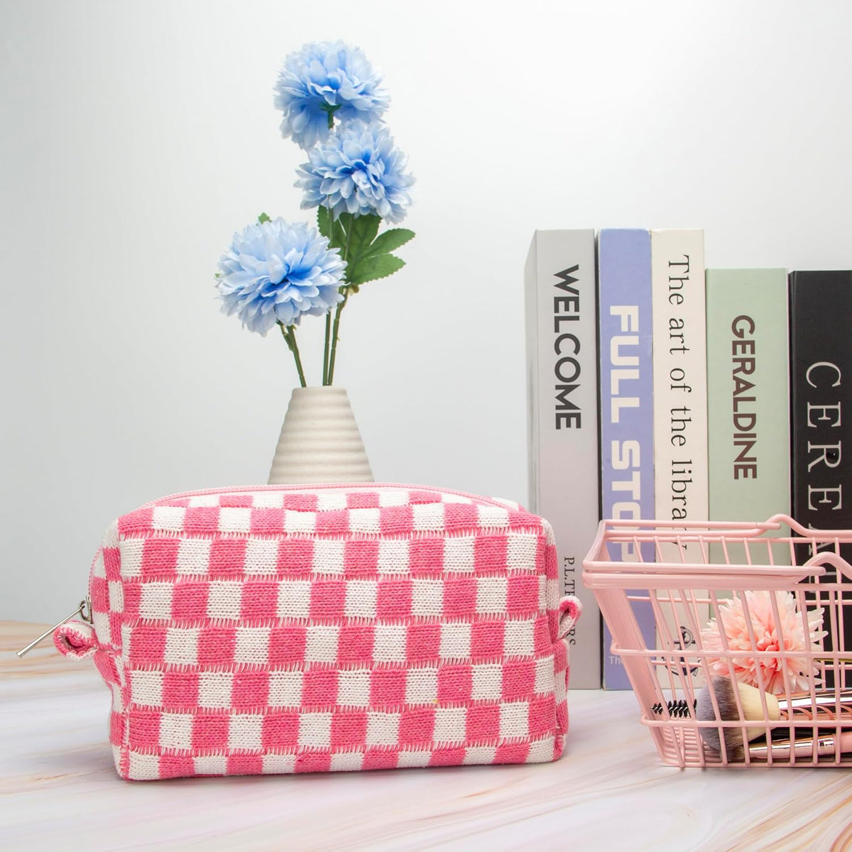 Checkered Makeup Bag for Purse, Small Travel Cosmetic Pouch,Pink,6 Pack