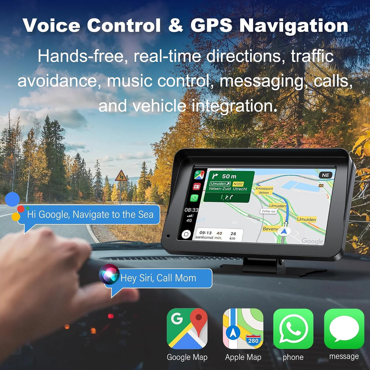 Wireless Carplay Screen for Car, 7" HD IPS Touch Screen Stereo for Apple Carplay & Android Auto,Bluetooth,Voice Control,GPS Navigation,Mirror Link | Plug-and-Play, Apple Car Paly for All Vehicle