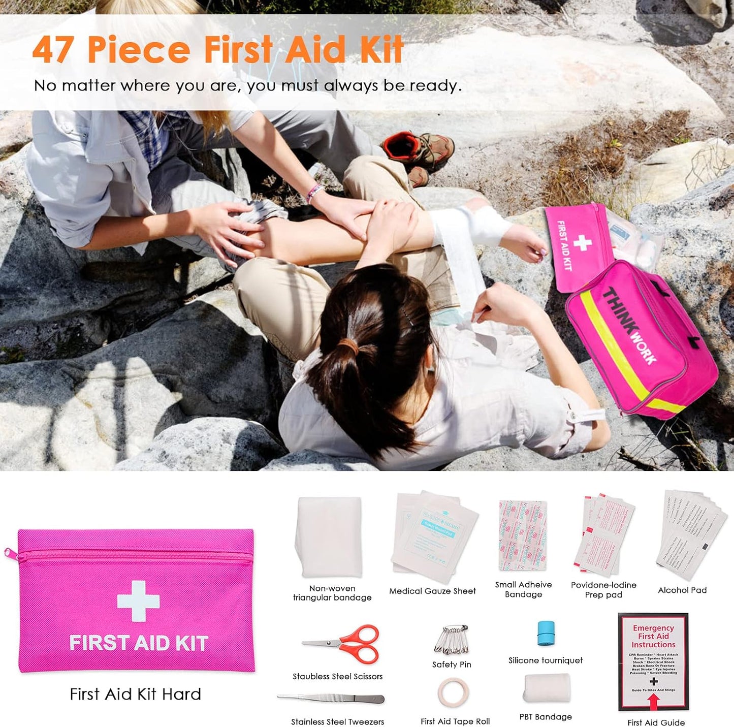 THINKWORK Car Emergency Kit for Teen Girl and Lady's Gifts, Pink Emergency Roadside Assistance kit with Pink Car Tool Set, 10FT Jumper, First Aid Kit, and More Ideal Pink Car Accessories Tool - E8