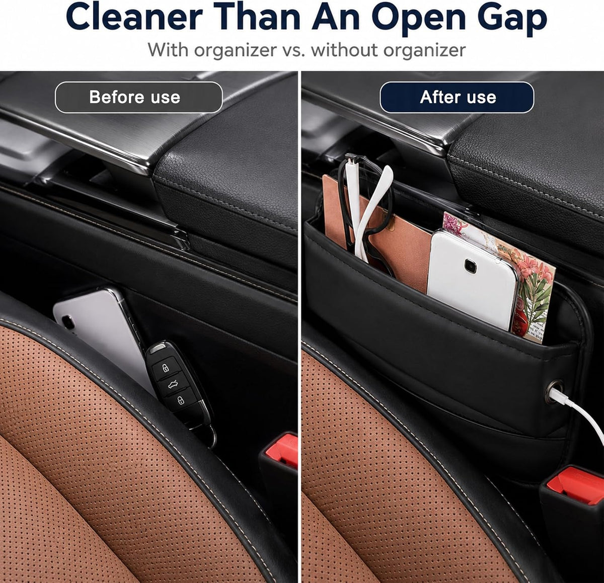 Car Seat Gap Filler Organizer, Premium Leather Console Side Storage Box