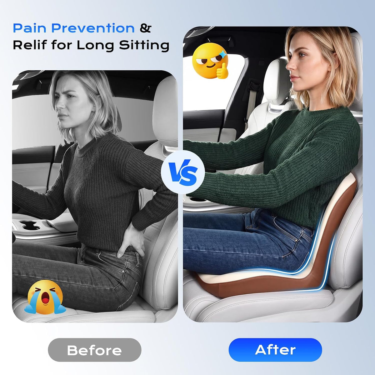 Coverado Car Seat Cushion and Lumbar Support Pillow One Piece, Memory Foam Ergonomic Back Support Driving Seat Cushion for Back Pain, Non-Slip Washable Cushion for Car, Driver, Office