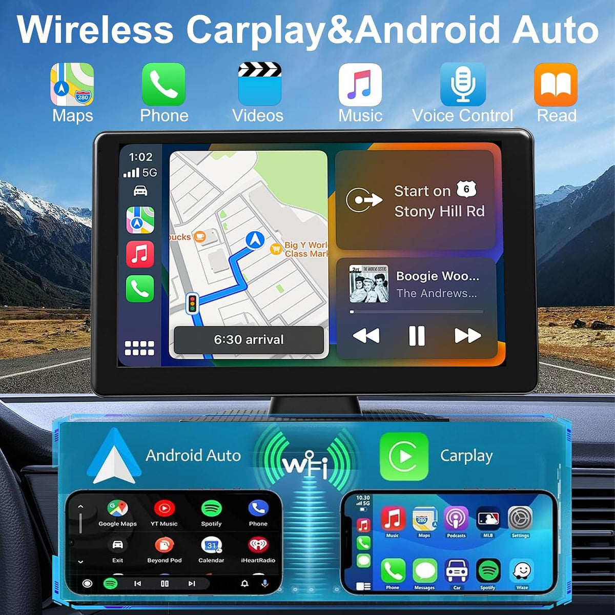 9-Inch Wireless CarPlay & Android Auto Car Stereo with 1080P Backup Camera, 4K Dash Cam, HD Portable Touchscreen/GPS Navigation/Mirror Link/AUX & FM Transmitter/Voice Control for All Vehicles