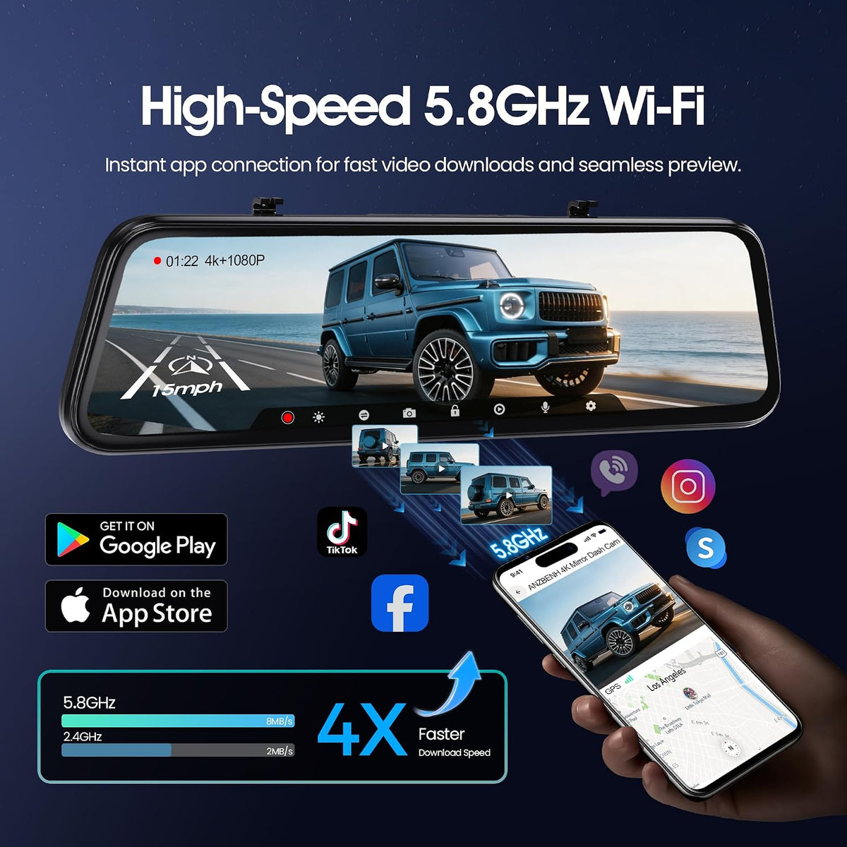 3 Channel 12" Mirror Dash Cam, 4K Front 2.5K Rear and Inside View Camera