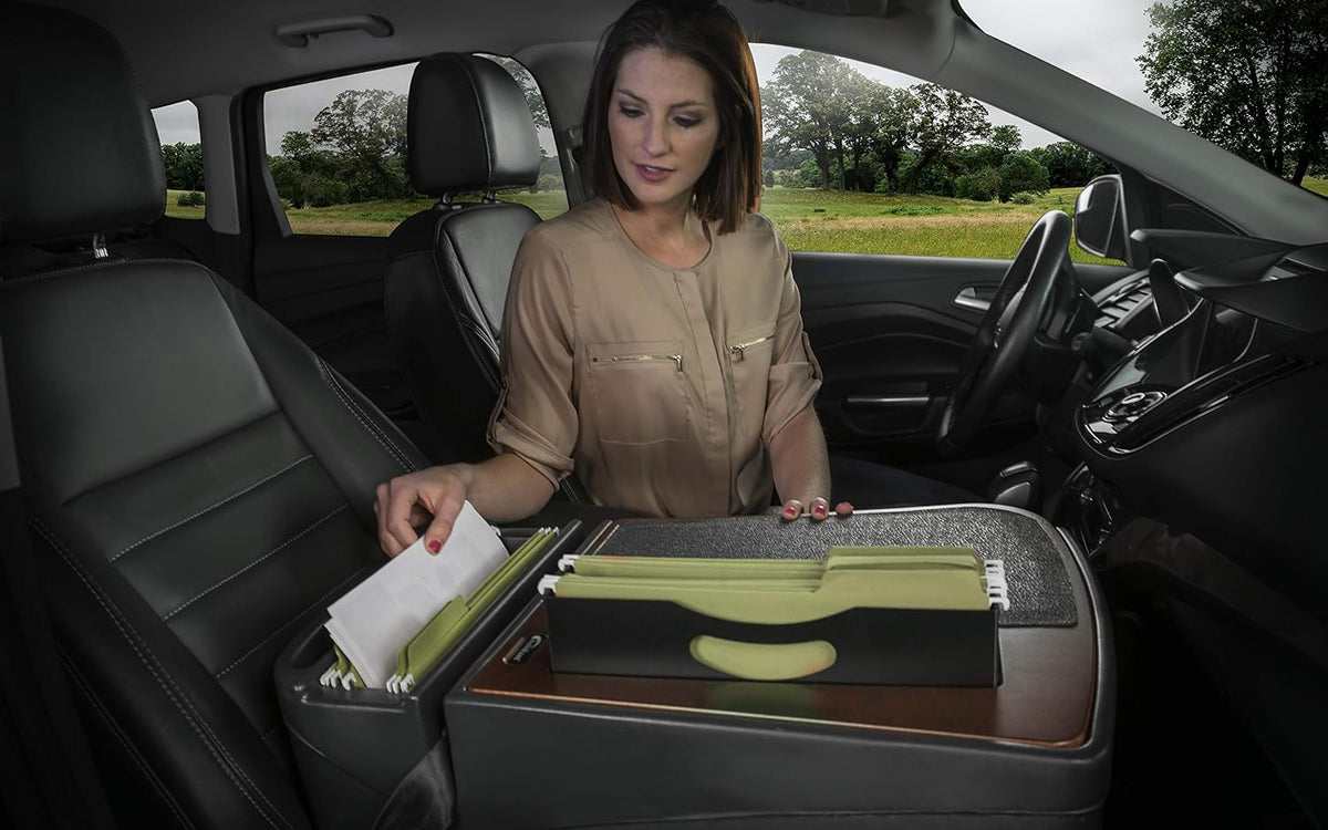 AutoExec AE-FMEF-PI-21M Efficiency FileMaster Car Desk for Your Vehicle Workstation and Mobile Office, Mahogany with 400 watt Power Inverter