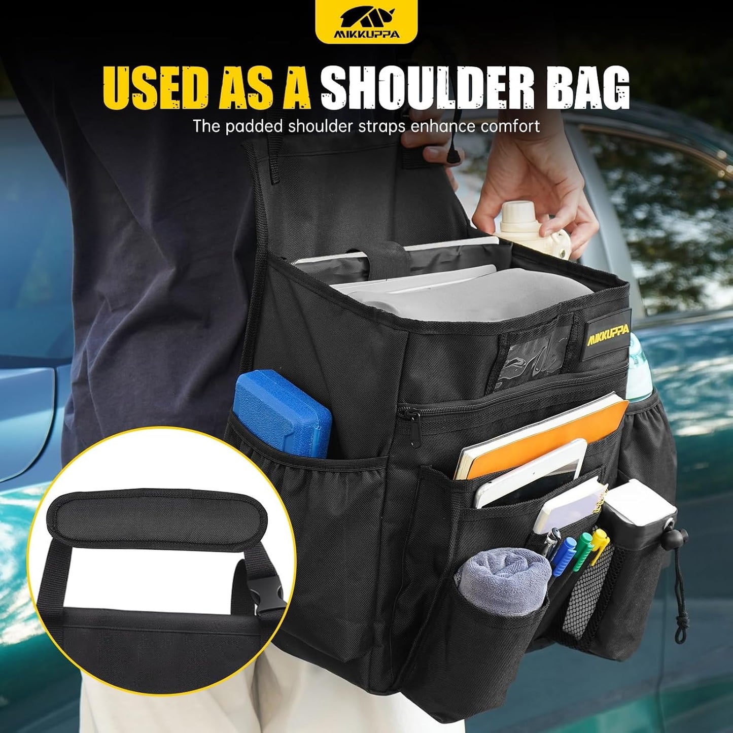 MIKKUPPA Car Front Seat Organizer - Upgraded Enlarged Passenger Seat Organizer with Dedicated Laptop Tablet Storage & Cup Holder, Suitable for Car File Organizer & Patrol Bag Law Enforcement