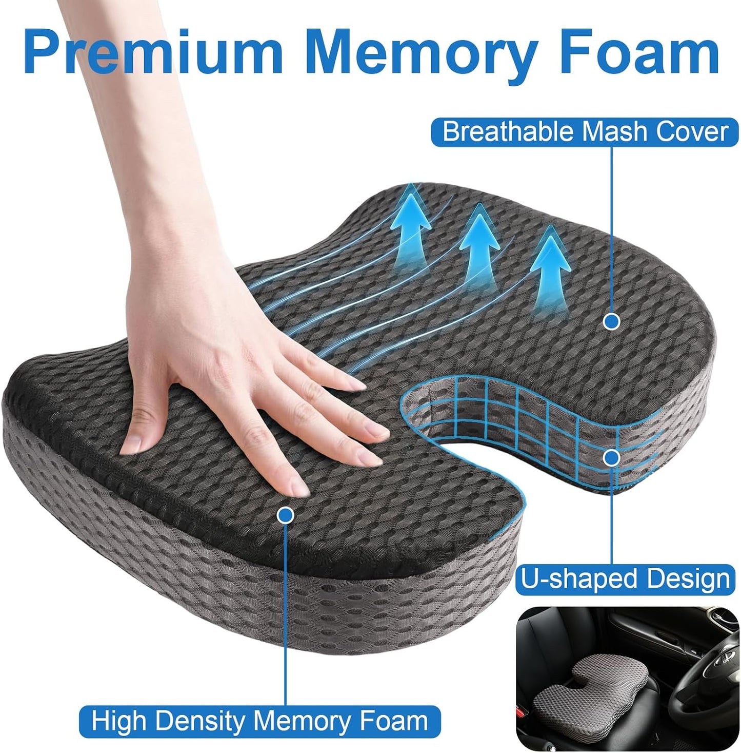 Car Seat Cushion for Driving Comfort &amp; Support - Premium Memory Foam Seat Pad with Breathable Washable Cover, Non-Slip Bottom, Road Trip Essentials for Car Seats