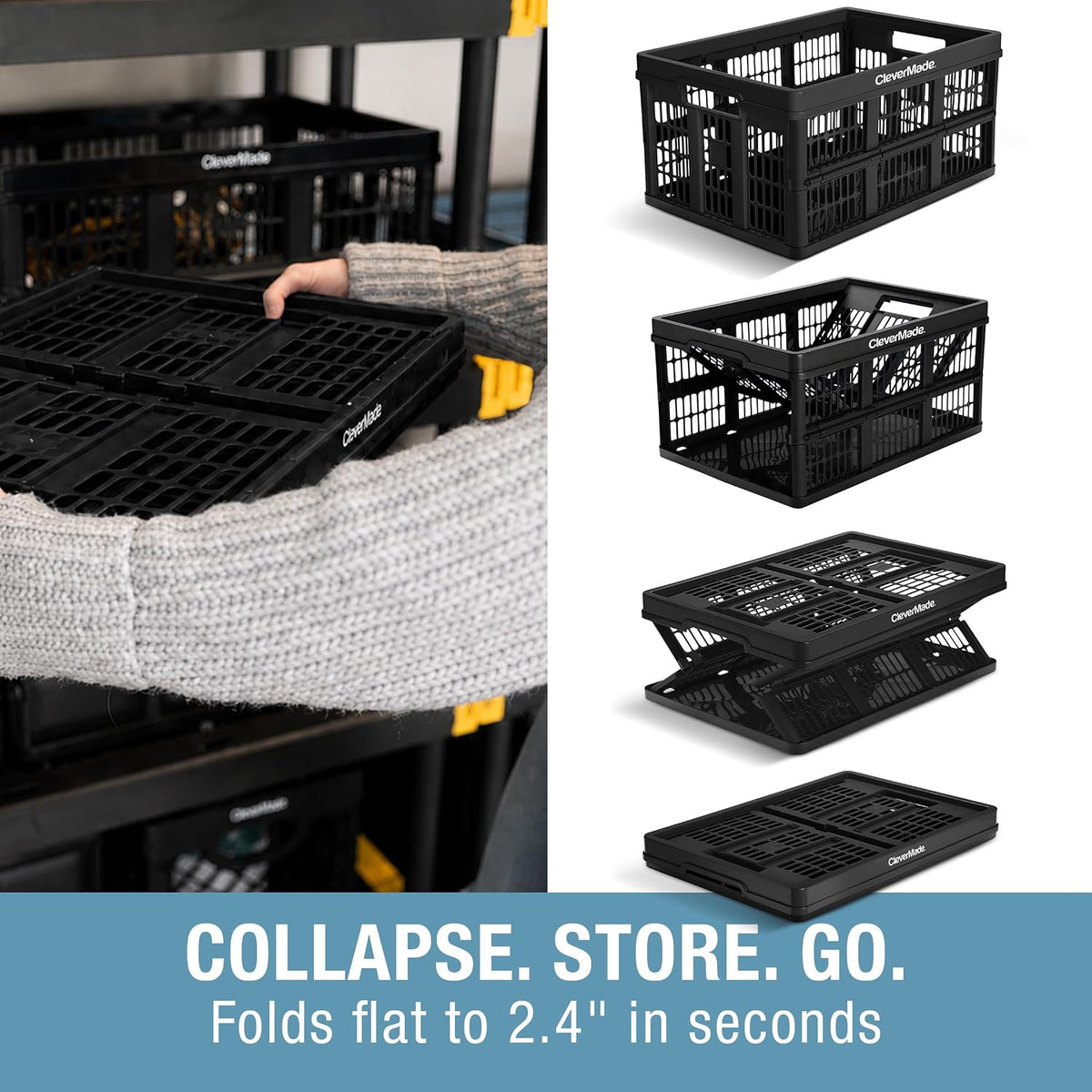 CleverMade Collapsible Utility Crate (Recycled) - 45L - Obsidian (3PK)