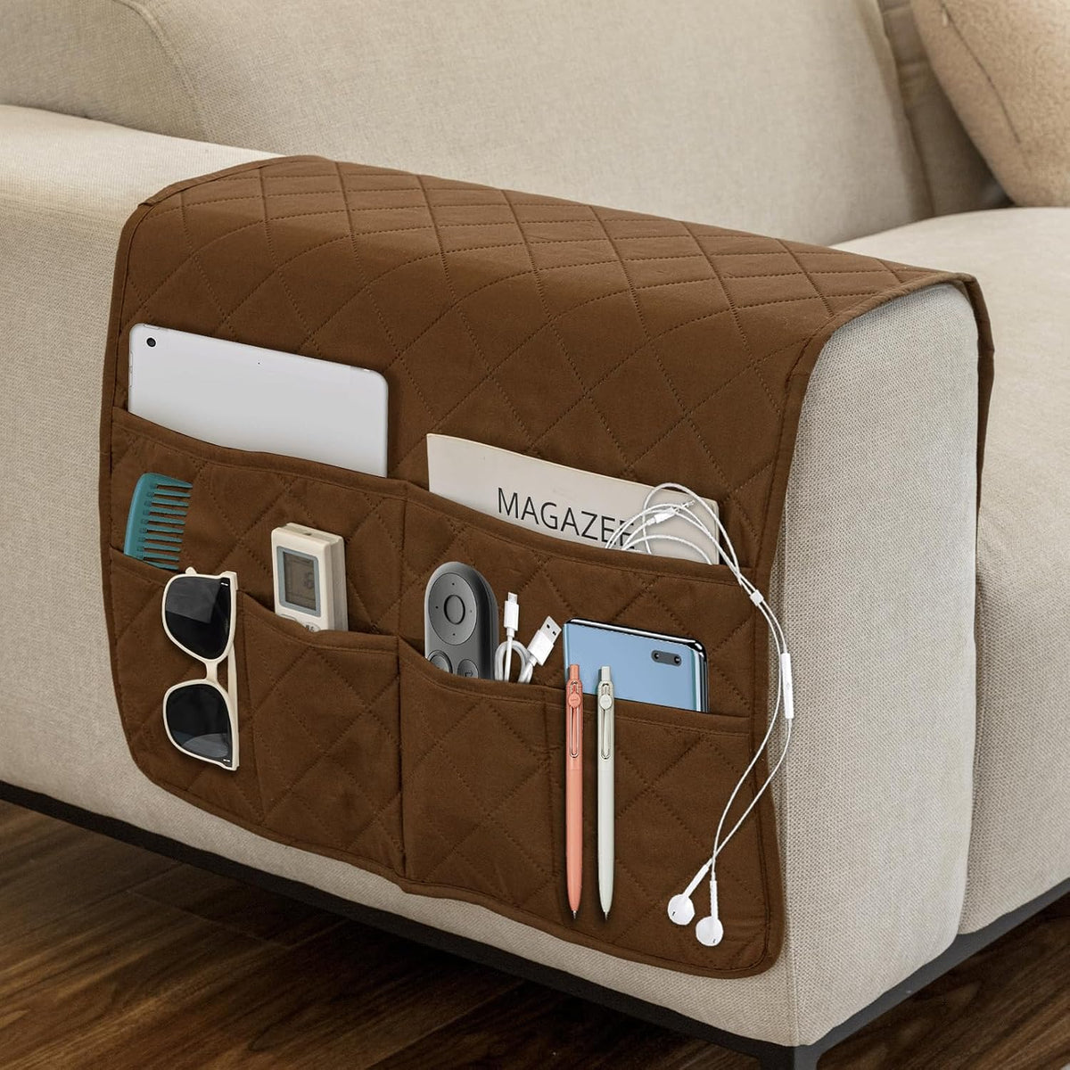 Remote Control Holder for Recliner, Armchair Caddy, Non Slip Sofa Armrest Organizer for Recliner Couch With 6 Pockets for TV Remote,Cell Phone,Magazine (Brown)