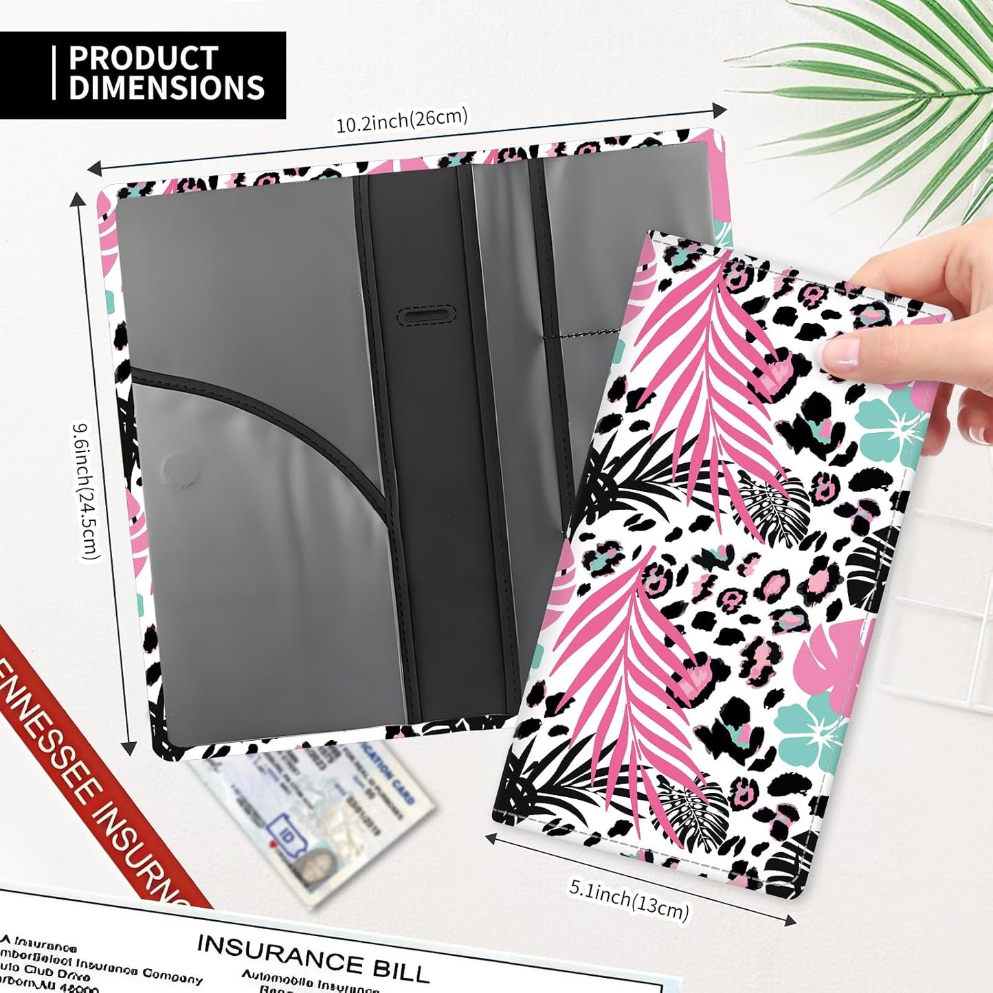 Leather Car Registration and Insurance Card Holder, Cute Car Accessories Vehicle Glove Box Car Organizer for Documents, Cards, License Boho Leaf Leopard