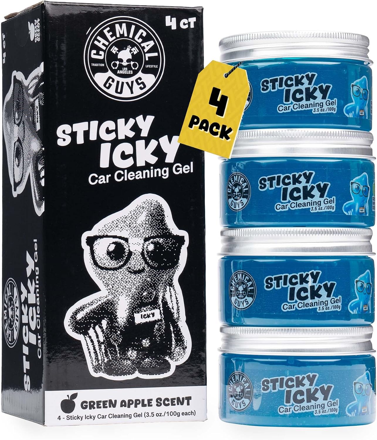 Chemical Guys Sticky Icky Car Cleaning Gel, Green Apple, Interior Car Cleaner, Reusable Automotive Crevice & Interior Dust Cleaner for Air Vents, Consoles, Cup Holders & Keyboards, 4 Pack (100g Each)