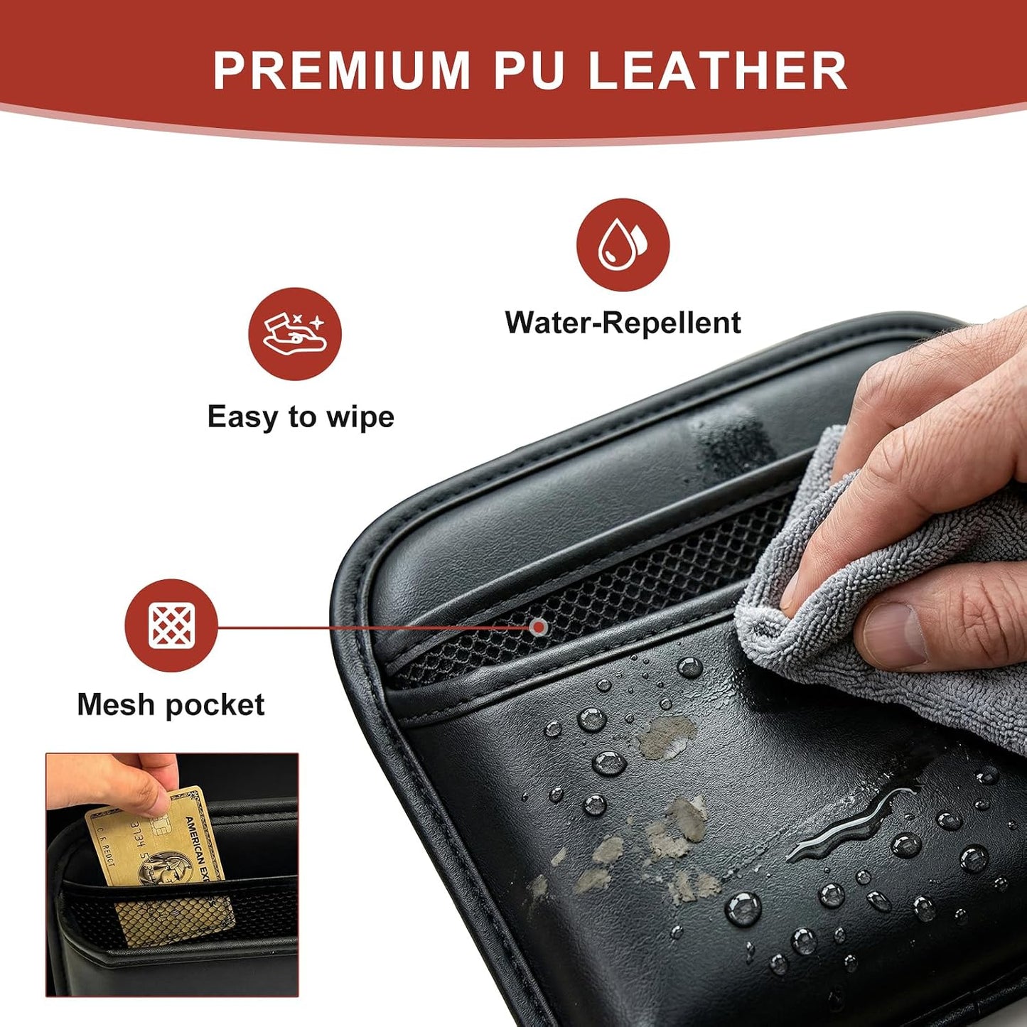 Car Seat Side Organizer, PU Leather Adhesive Storage Pocket, Car & Truck Interior Accessories, Auto Door Console Gap Filler, Sunglass Holder & Phone Pouch for Keys, Wallet, Cards, Pen, Black