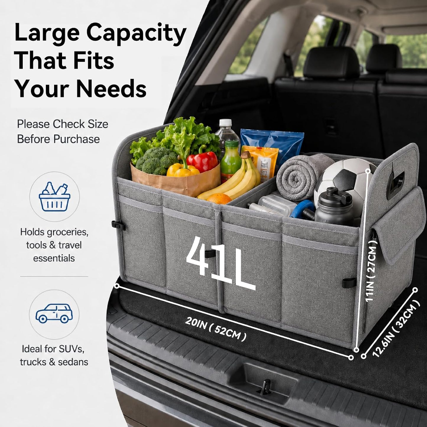 PAT SAM'S Trunk Organizer for SUV, Collapsible Car Trunk Organizer with Dividers, Waterproof 600D Oxford, Non-Slip Storage Organizer for Groceries, Tools, Travel, Truck & Car (Grey)