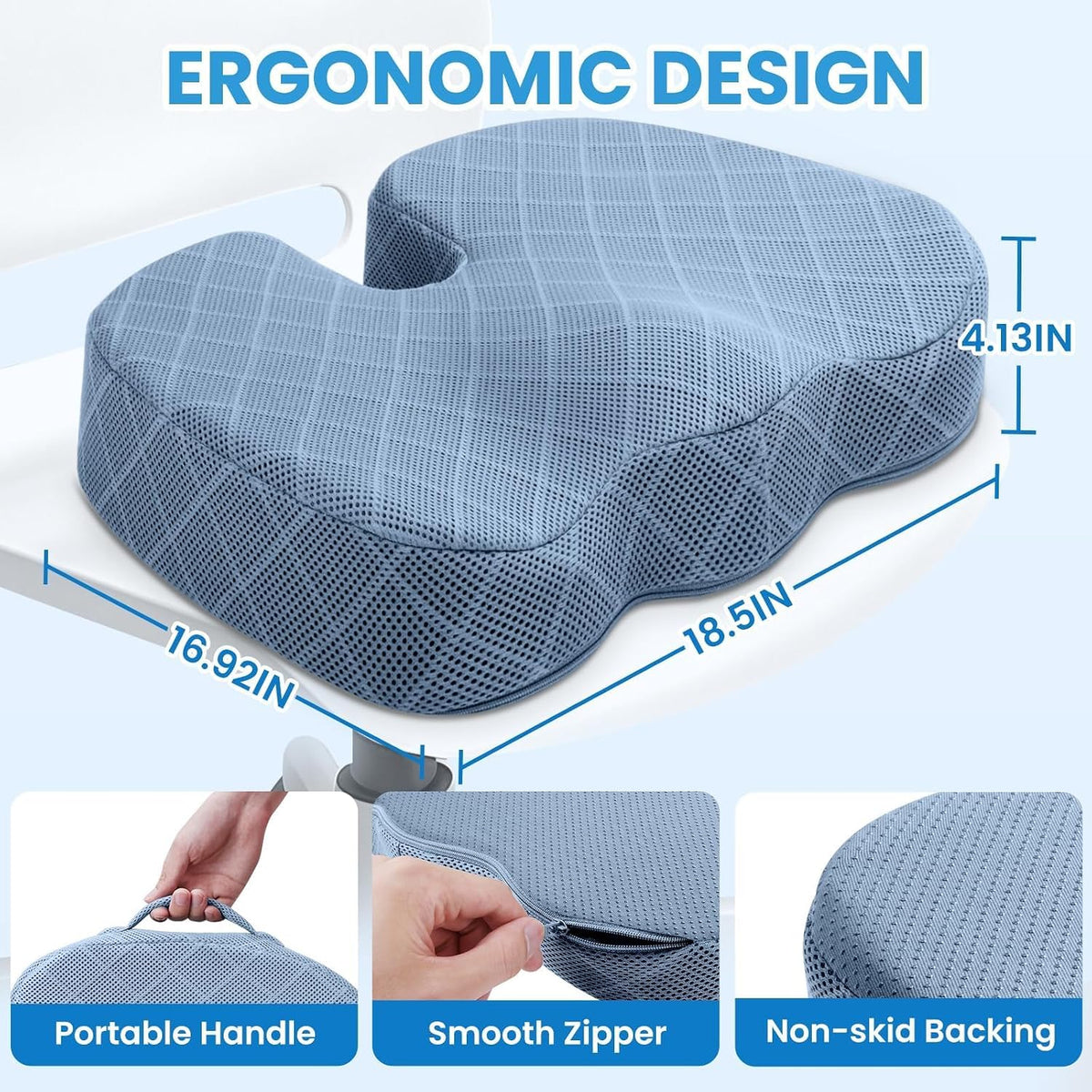 TushGuard Memory Foam Office Chair Seat Cushion - Light Blue, XX-Large