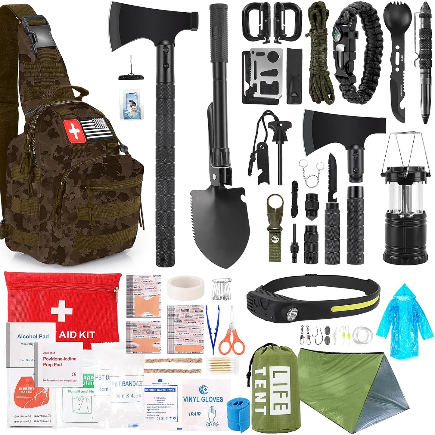 Survival Kit, 268 Pcs Emergency Survival Gear and Equipment Supplies with First Aid Kit, Camping Axe, Headlamp, Crossbody Bag for Camping Hiking, Hunting, Gift for Christmas Men, Dads,