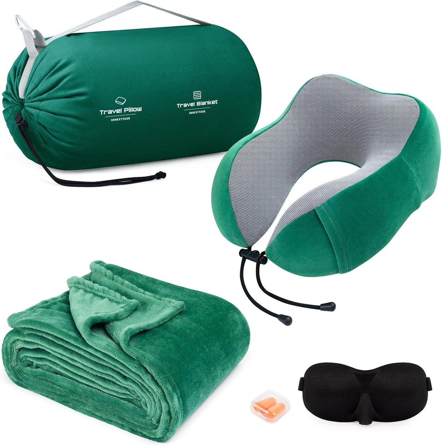 urnexttour Travel Pillow and Blanket Set Neck Pillows Travel Essentials with Sleep Mask for Airplane Car Memory Foam Green