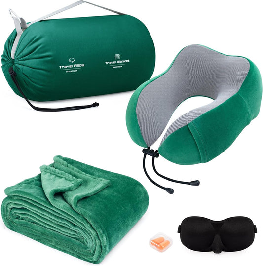 urnexttour Travel Pillow and Blanket Set Neck Pillows Travel Essentials with Sleep Mask for Airplane Car Memory Foam Green
