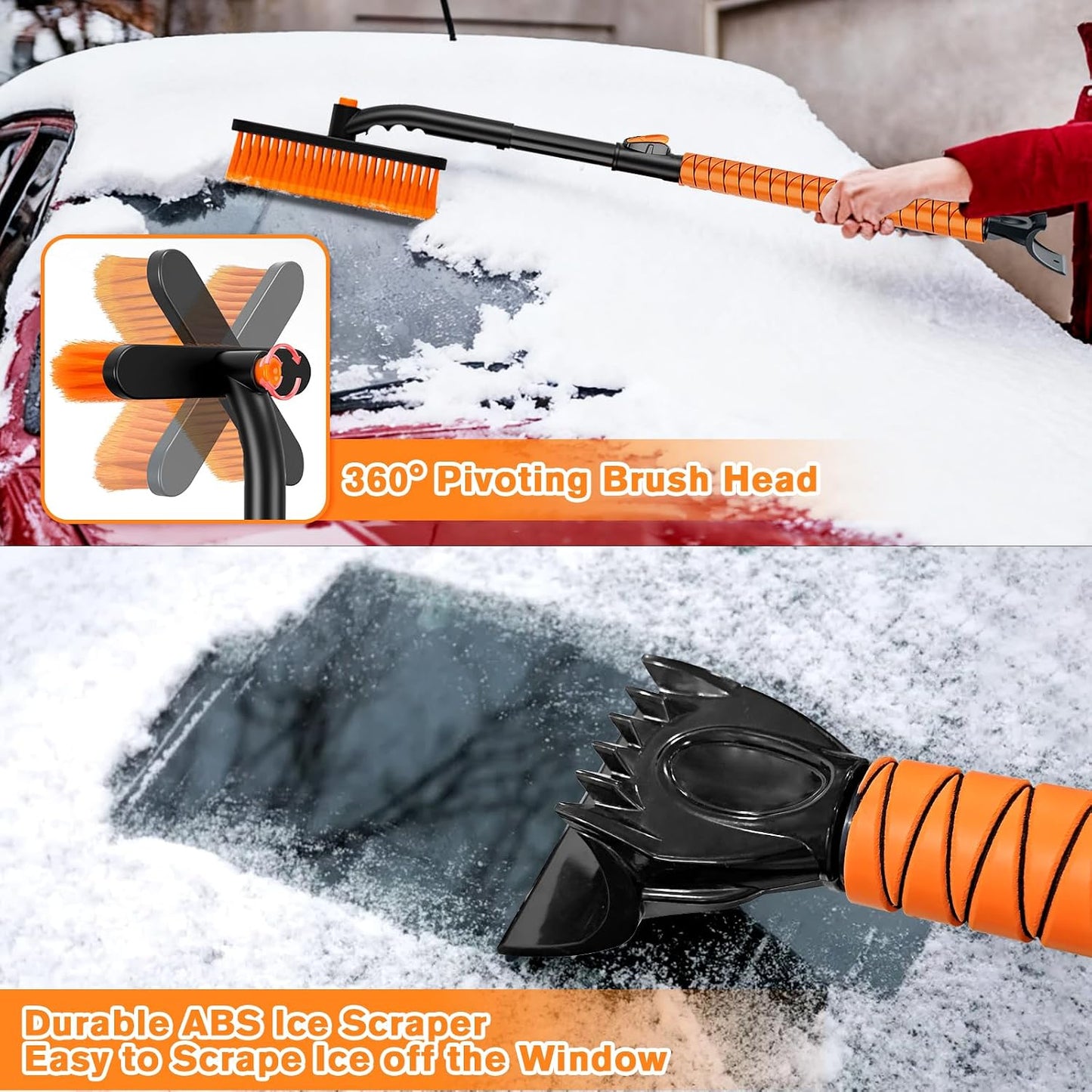 Showvigor Extendable Snow Brush and Ice Scraper for Car, 30"-35"-39" Adjustable Long Handle & 4.3" Ice Chipper, 360° Pivoting Brush Head & Comfortable Antiskid Grip