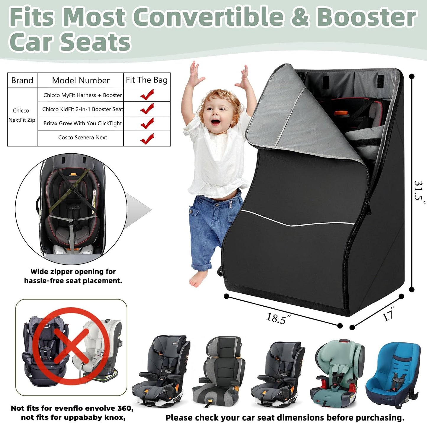 Car Seat Travel Bag for Airplane – Waterproof Heavy Duty Carseat Backpack for Gate Check or Airport Travel – Fits Infant, Convertible & Booster Seats, Black