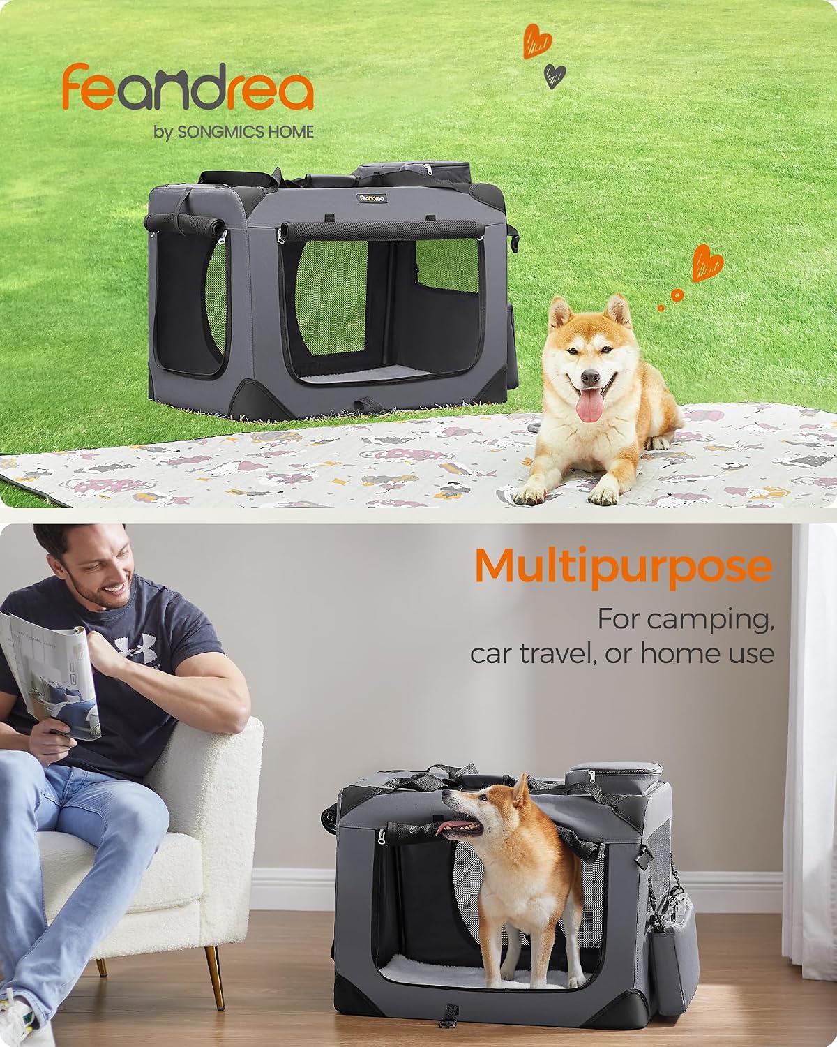 Feandrea Collapsible Soft Dog Crate, Portable Travel Carrier, 28 Inches