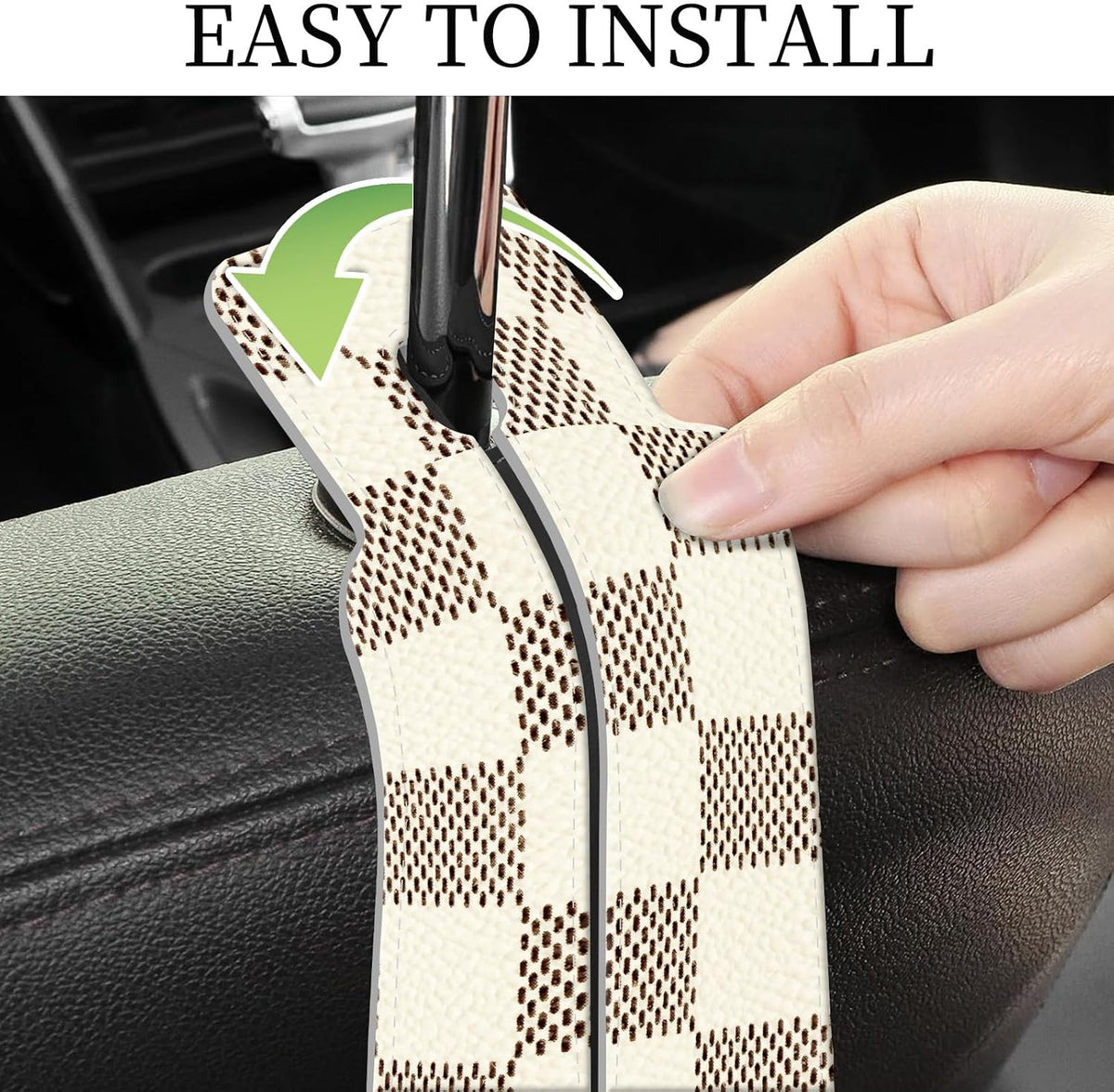 PU Leather Car Seat Hook, Storage Headrest Hanger, Cute Car Backseat Organizer, Car Hooks For Purses and Bags Luxury Checkerboard