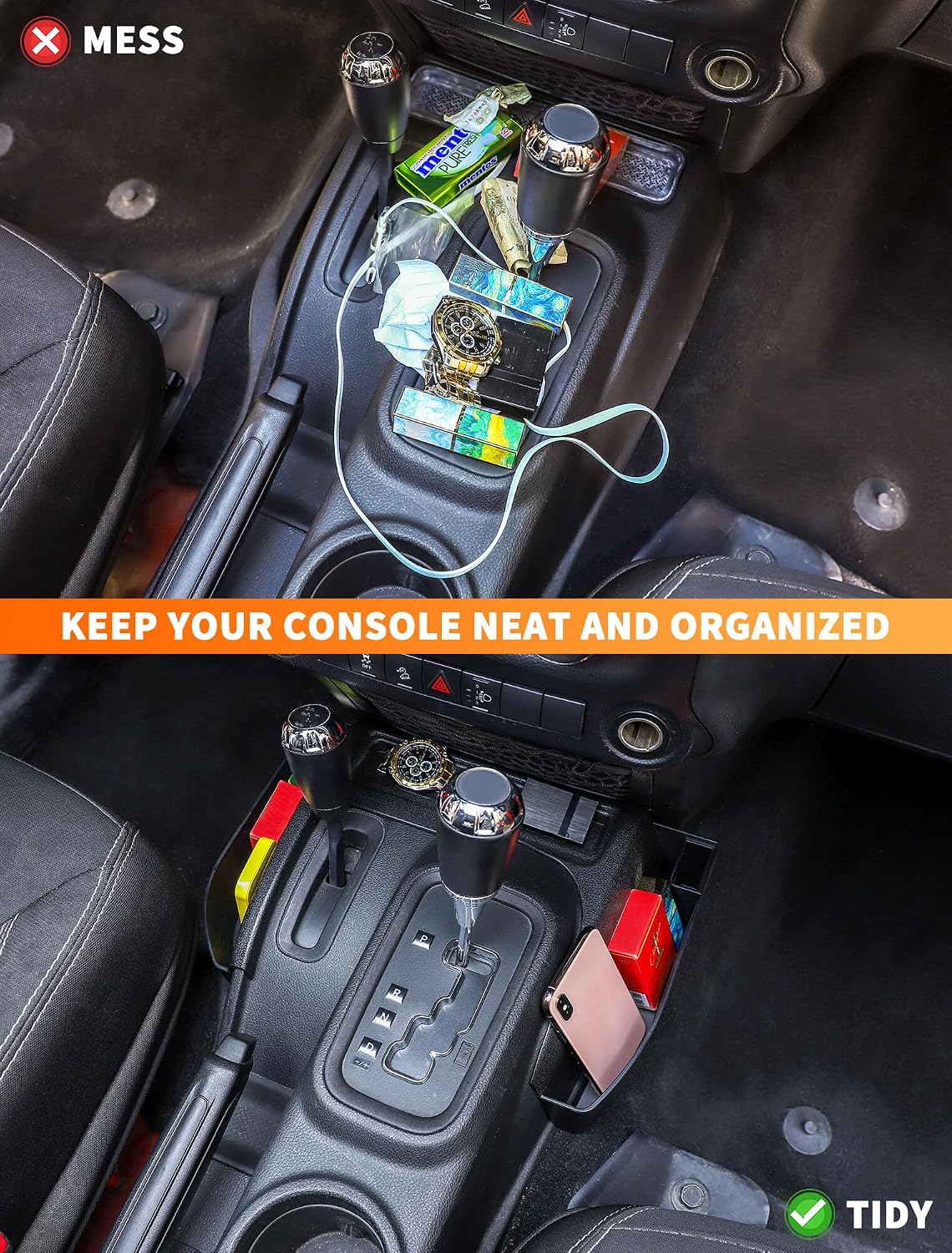 Savadicar GT-3 JK Shifter Storage Box, Gear Shift Console Side Tray Organizer for 2011-2018 Jeep Wrangler JK JKU, Interior Accessories, Reserved USB Charger Extender Slot, Black