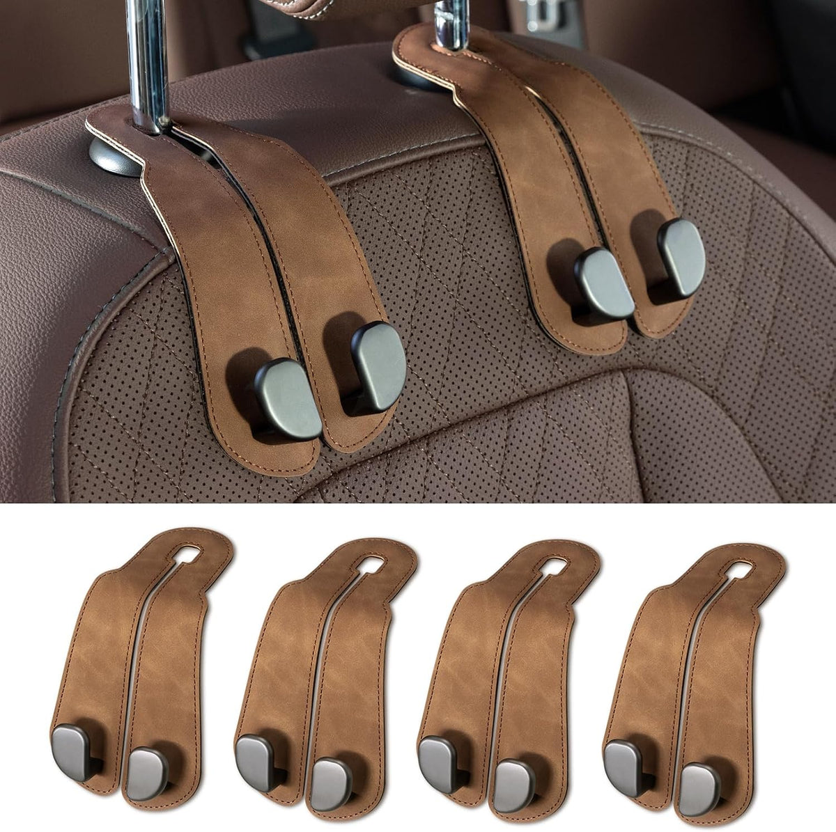 CoBak Purse Hook for Car - Universal Premium Stitched Leather and Aluminum-Magnesium Alloy Double Car Seat Back Storage Hook for Purses, Handbags, Bags (4 Pack),Brown