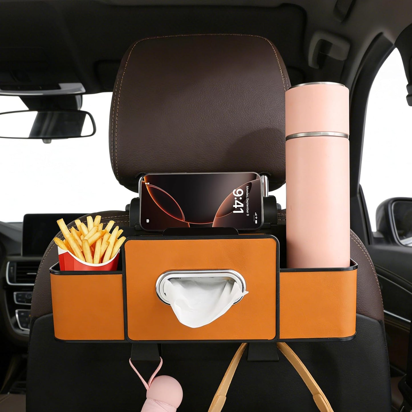 Amooca Back Seat Car Organizer, 4+2 in 1 Multifunctional Car Backseat Storage Box with 5 Cup Holders Tissue Box Hook, Car Interior Storage for Travel Phones Snacks Drinks(Orange)