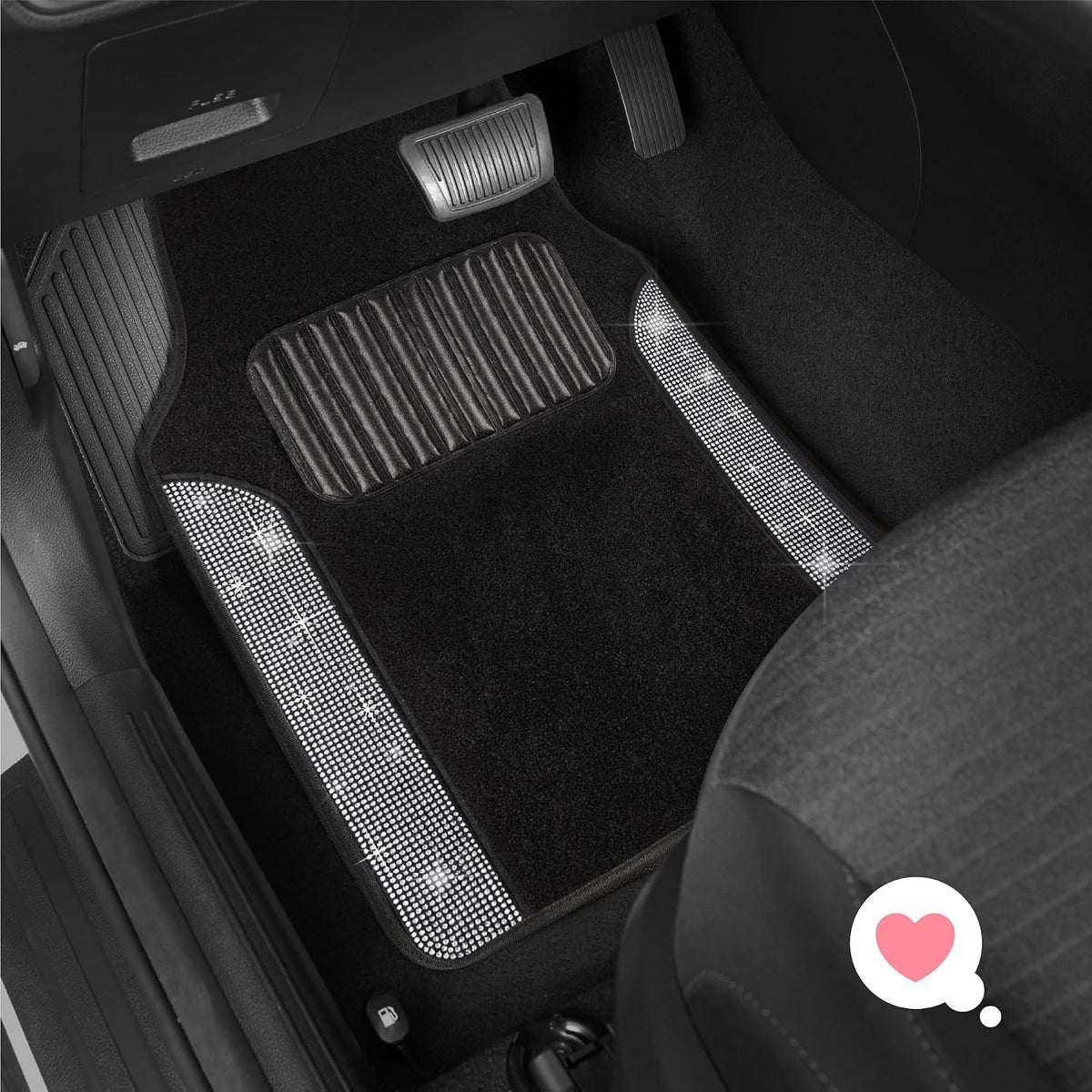 Carbella Diamond Bling Car Mats 4-Piece Set, Shiny Rhinestone Crystal Carpet Car Floor Mats, Two-Tone Floor Mats for Cars, Cute Automotive Interior Car Accessories for Women (White)