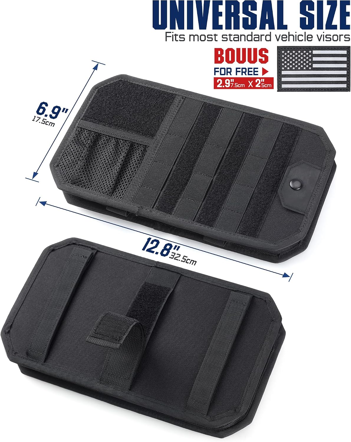 WYNEX Molle Car Sun Visor Organizer, Car Accessories with Zip Storage Pouch & Glasses Holder, Semi-Rigid Molle Panel with Patch for Tactical Gears, Fits Most Cars, Trucks, Pickups, Patrols