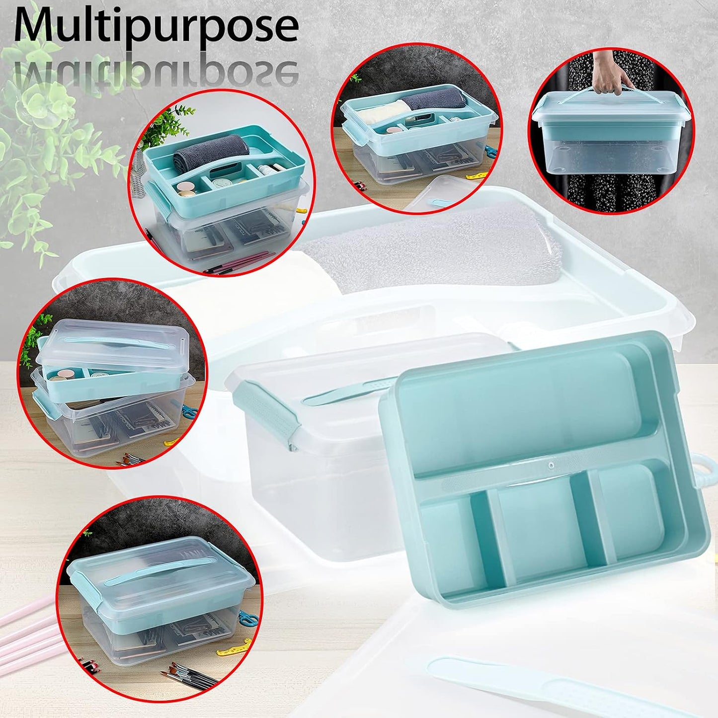 BTSKY Stack & Carry Box, Clear Plastic Storage Container Stackable Home Utility Box with Removable Tray Multi-Purpose Storage Bin for Organizing Stationery, Sewing, Art Craft Supplies(Blue)