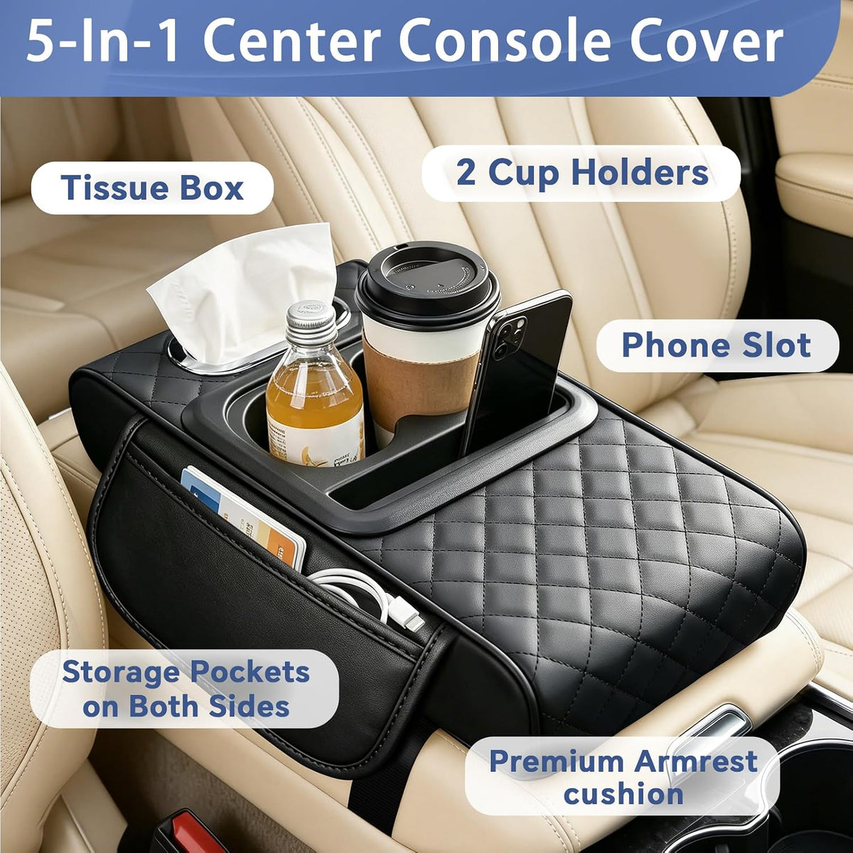 SAMPUSS 5-in-1 Center Console Cover Organizer Car Cup Holder Tissue Holder