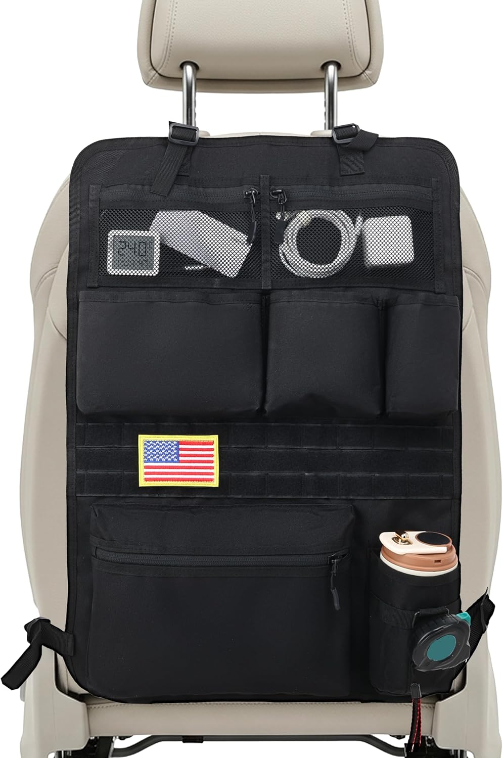Tactical Car Seat Back Organizer with 7 Pockets and Zipper Pocket, MOLLE Seat Organizer with Hook & Loop Panel, Universal Fit for Car SUV Truck Jeep