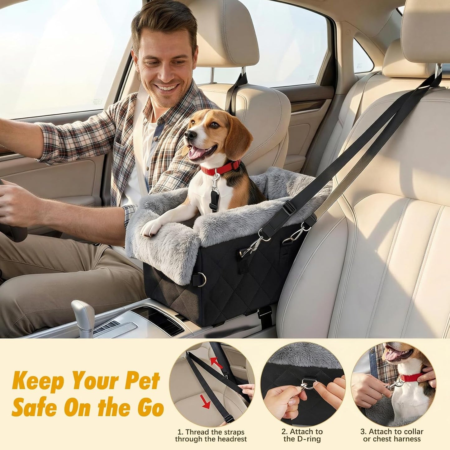Center Console Dog Car Seat,Dog Car Seats for Small Dogs with Non-Slip and Strong Support,Anti-Collapse Portable Pet Bed for Puppies with Soft Cushion Safety Belt, Small Dogs, Cats Under 12 LBS, Black