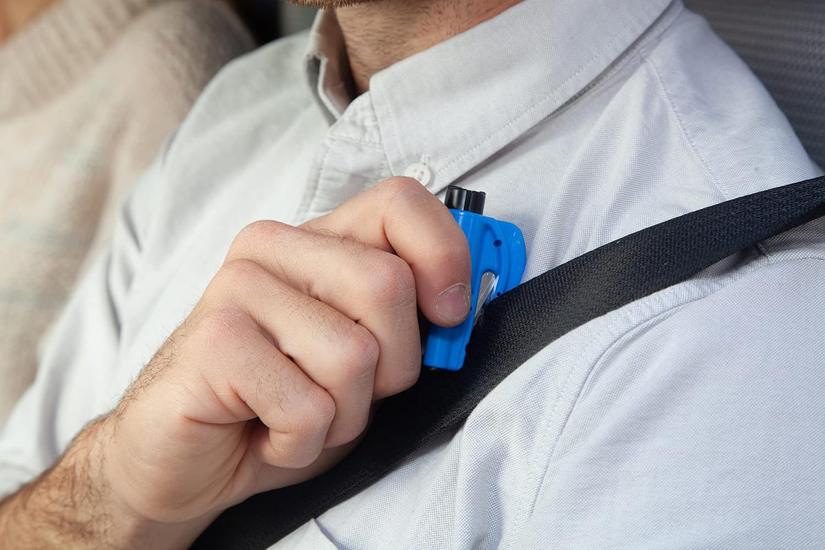 resqme The Original Emergency Keychain Car Escape Tool, 2-in-1 Seatbelt Cutter and Window Breaker, Made in USA, Family Pack of 3, Black, Blue, Yellow - Compact Emergency Hammer