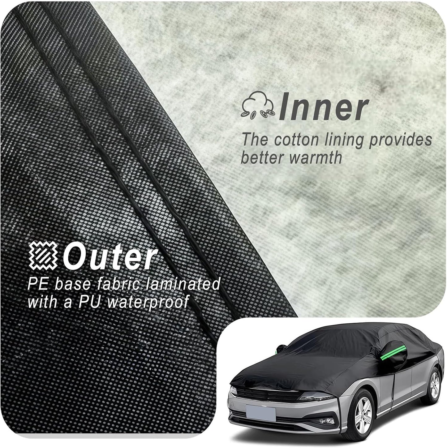 Half Car Cover Waterproof All Weather, Sunproof Windshield Cover for Ice and Snow Top with Reflective Straps, Front Rear Window Hail Protector for Sedan (3 XL)