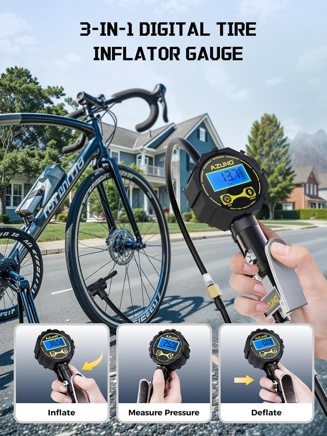 Presta Valve Adapter with Pressure Gauge, 200 PSI Bike Tire Inflator
