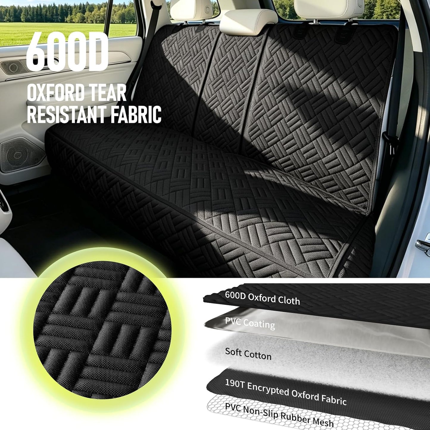 Dog Car Seat Cover for Back Seat, Waterproof 600D Oxford Protector for Travel and Daily Use, Non Slip Scratch Resistant Bench Cover, Easy to Clean, Fits Compact Cars/SUVs, 52 Inch