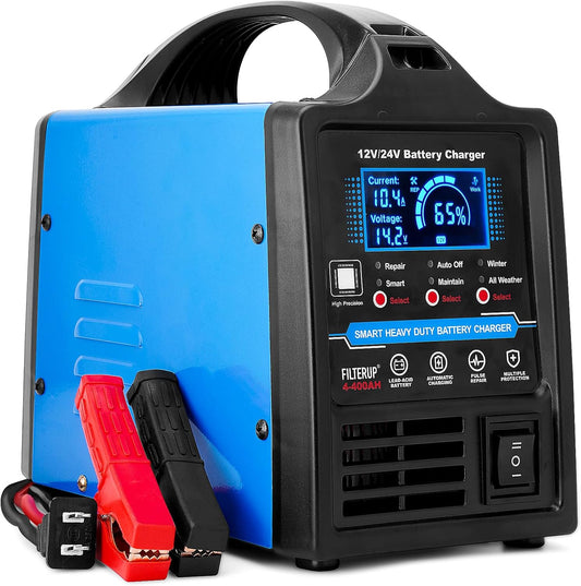 12V 24V Lead-Acid Battery Charger Heavy Duty, 0-15A Smart Automatic Battery Maintainer, Trickle Charger with Repair, Auto Off, Winter & Summer Mode, for Car Truck Boat Motorcycle RV Lawn Mower (Blue)