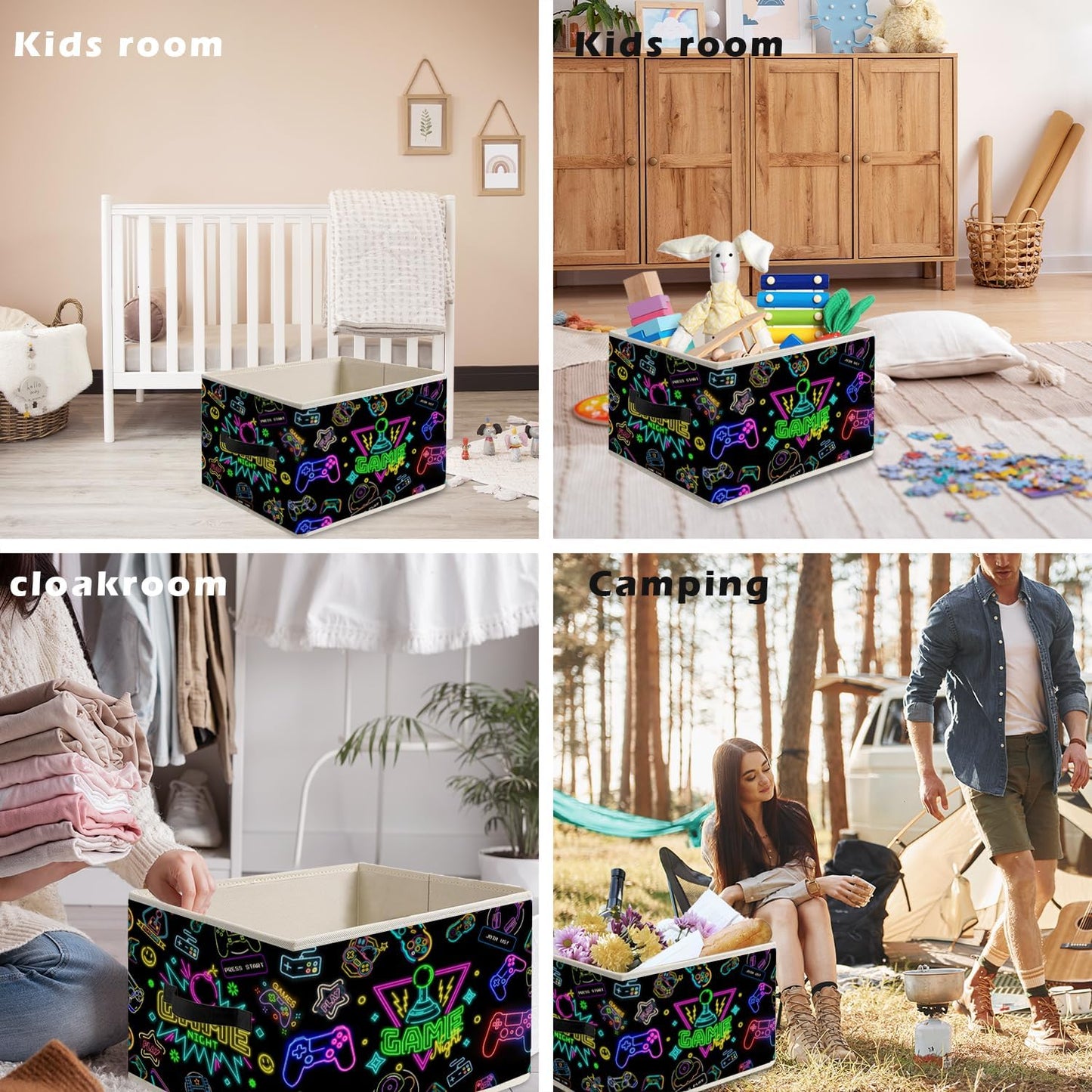 Neon Gamer Storage Bin Box with Handles, Gaming Room Foldable Organizer Basket Toybox for Teen Boys Room Bedroom Playroom Bathroom Clothes Toys Books