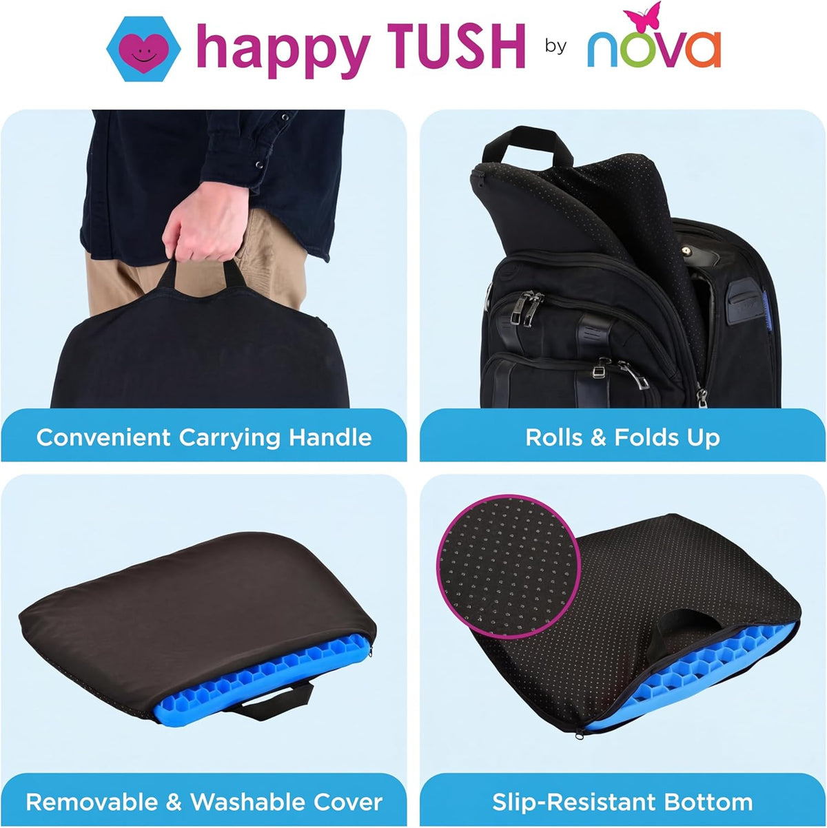 NOVA Happy Tush Gel Cell Seat Cushion, Double-Layer Pressure-Relief Gel, Foldable & Portable, Water-Resistant, Washable Non-Slip Cover, Home, Office & Travel