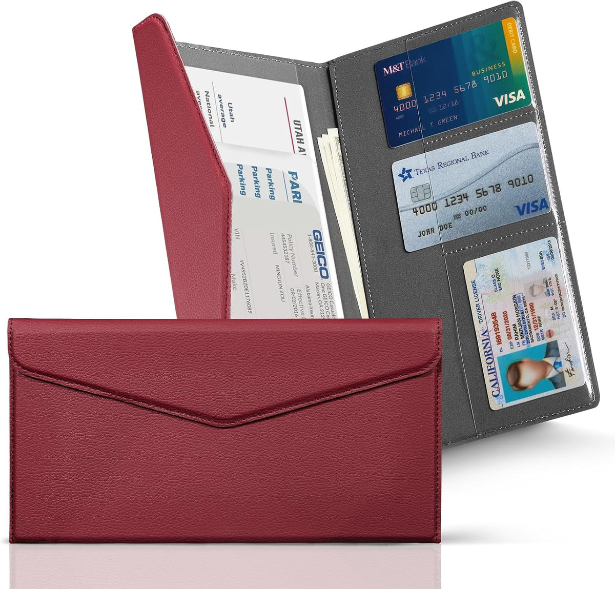 CoBak Leather Car Registration and Insurance Holder with Magnetic Compartment - Vehicle Glove Box Organizer for Driver License, Cards, Emergency Cash - Auto Truck Accessories Case, Wine Red