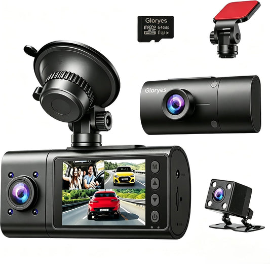3 Channel Dash Cam Front and Rear Inside,Dash Cam pro 2025,Interior Car Camera,2.5K Single Front,Dash Camera for Cars with IR Night Vision,24Hr Parking Monitor 1S Recording,Free 64G Card
